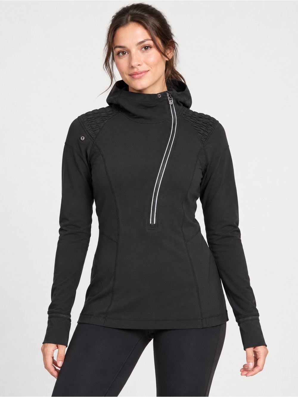 Lululemon Women's Size 12 Black Hooded Half Zip Pullover Ruched Running Top